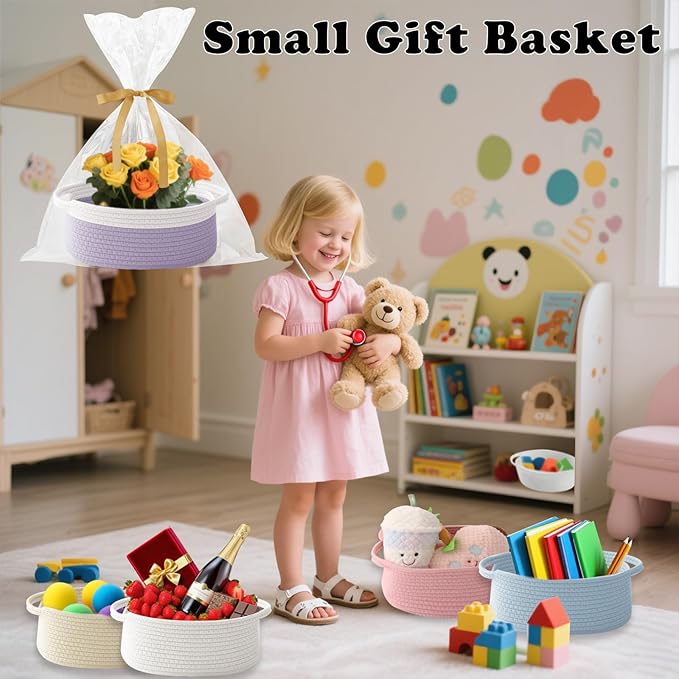Gift Basket with Gift Bag and Ribbons,Small Rope Woven Shelf Storage,Baskets for Gifts Empty,Birthday,Baby Shower,Decorative Organizer Box with Handles(White&Purple)