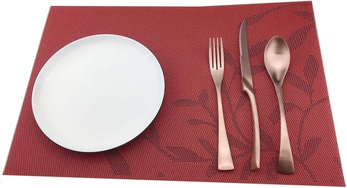 Gugrida Place Mats PVC Set of 6, Table Placemats Set of 6 PVC Table Mats Natural Color (6 pcs, Red Leaves)