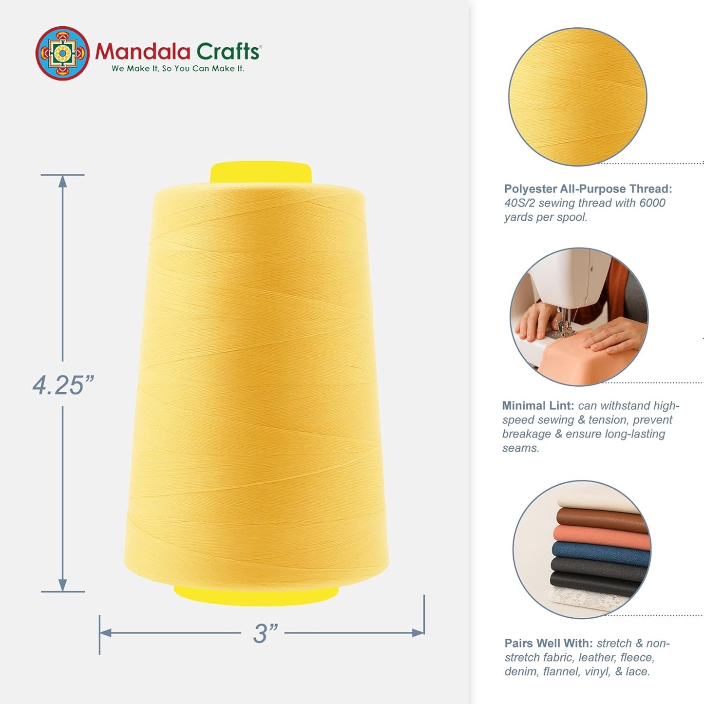 Mandala Crafts 4 Pack of Serger Threads Cones Spools - 40S/2 24000 Yards Polyester Butter Cream Threads for Sergers Machine and Overlock Quilting Sewing Machine
