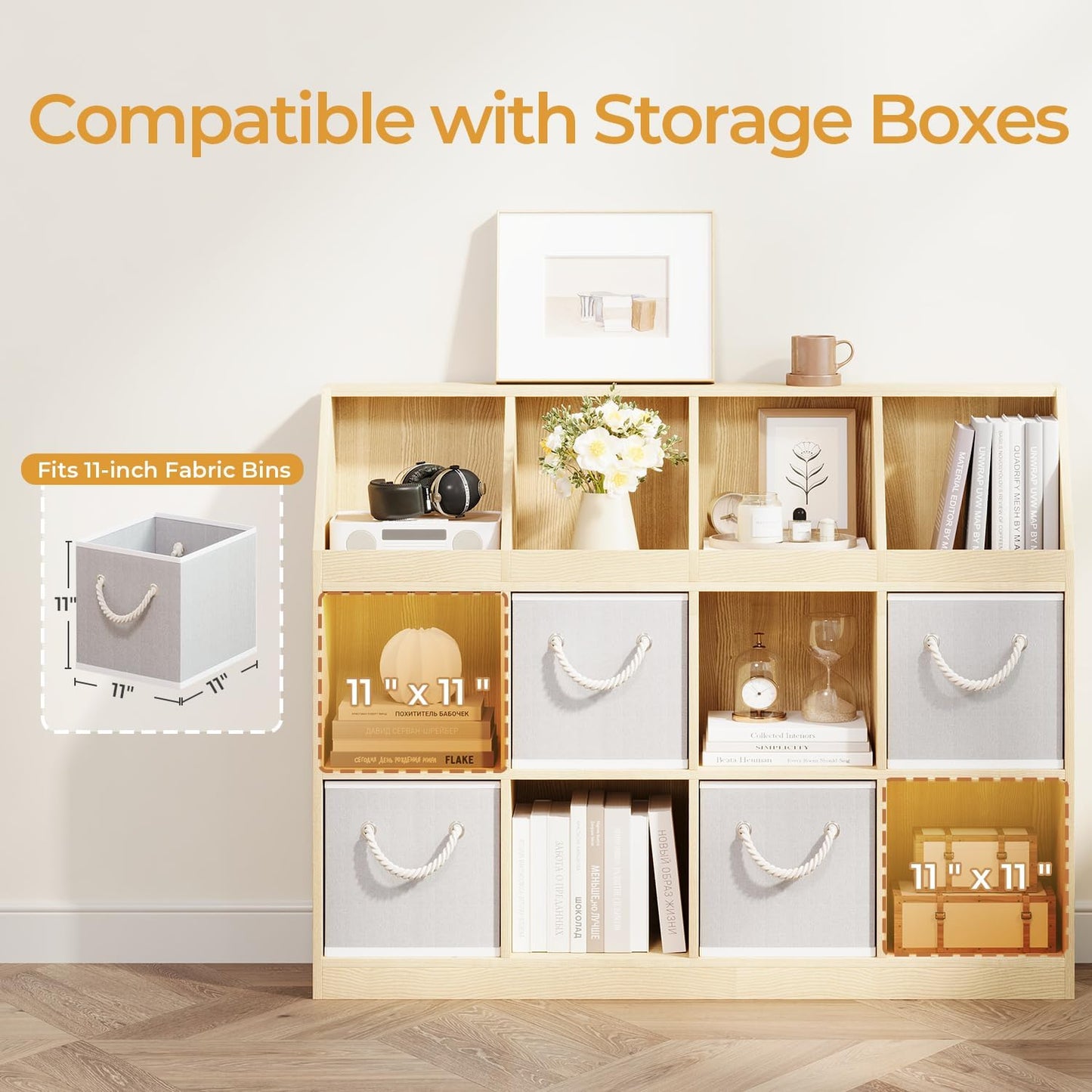 9-Cube Wooden Storage Bookcase - 11-Inch Open Shelf Cabinet, Simple Modern Bookshelf Organizer for Home Office, Living Room, Oak