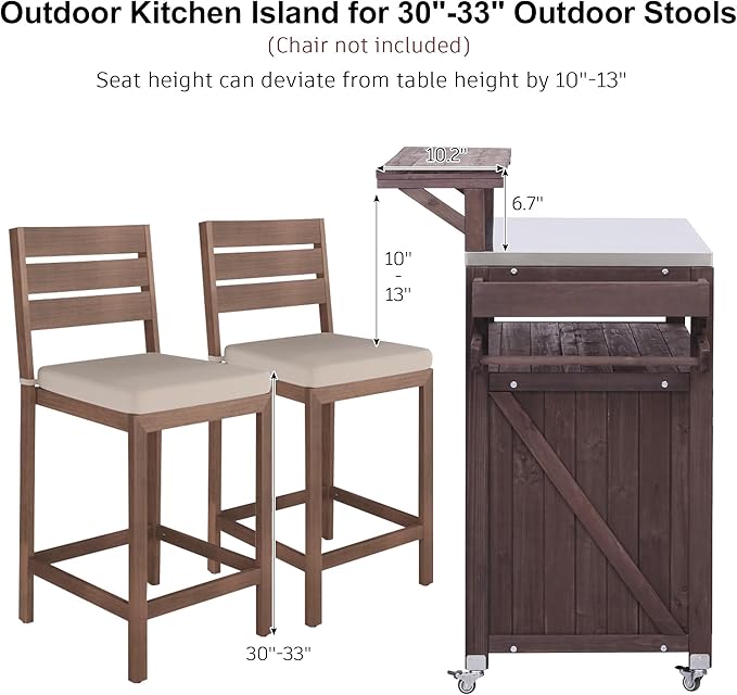 53.3" Outdoor Kitchen Island with Stainless Steel Top, Rolling Grill Cart with Adjustable Shelves, Raised Shelf, Lockable Wheels, Portable Outdoor Table and Bar Storage Cabinet for Patio
