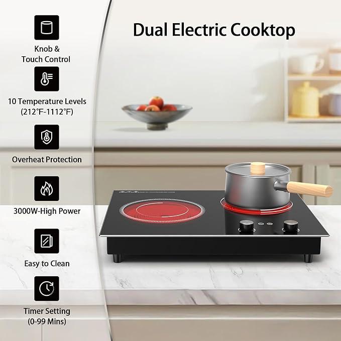 Electric Cooktop,1110V 2100W 2 Burner stove,Built-in & Countertop Stove Top with10 Heating Level, Timer & Kid Safety Lock, LED Knob Touch Control 2 Burner Electric Cooktop