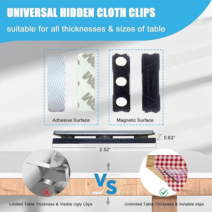 Tablecloth Clips for Thick Tables 6 Pack, Invisible Magnets Picnic Table Cloth Holder Clip Indoor Outdoor Large Clamp for Dining Tables Bench Cover Party Restaurant Camping RV Essential Accessories