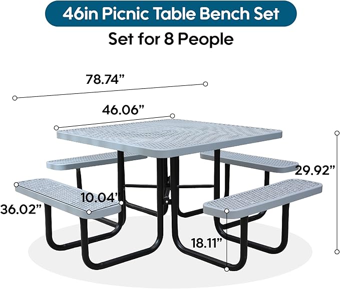 46'' Square Metal Picnic Table for Outdoors, Commercial Steel Metal Picnic Tables, Heavy Duty Sturdy Picnic Tables Furniture Set for Patio Garden Courtyard BBQ, with Umbrella Hole, Grey