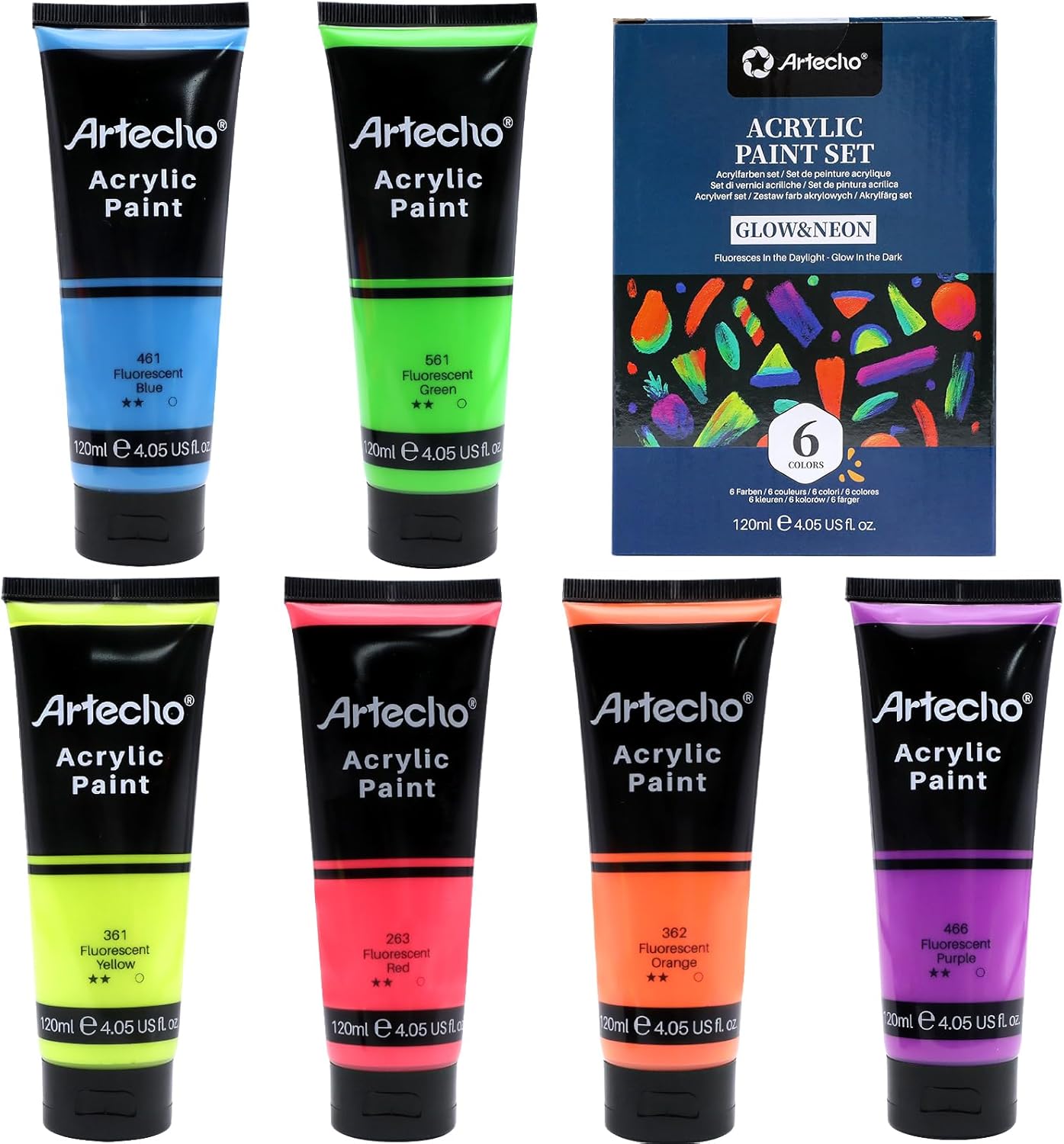 Artecho Glow in the Dark Paint 6 Colors, 120 ml / 4 oz Acrylic Paint for Decoration, Art Painting, Outdoor and Indoor Art Craft, Supplies for Canvas, Rock, Wood, Waterproof Rich Pigments
