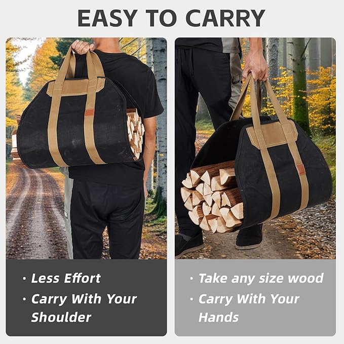 1MORE Firewood Carrier - Wood Carrier for Firewood,Log Carrier for Firewood Tote Bag, 40"X19" Canvas Firewood Carrier, Water Resistant Log Tote Wood Carrying Bag With Handles,Fireplace Tools. Black