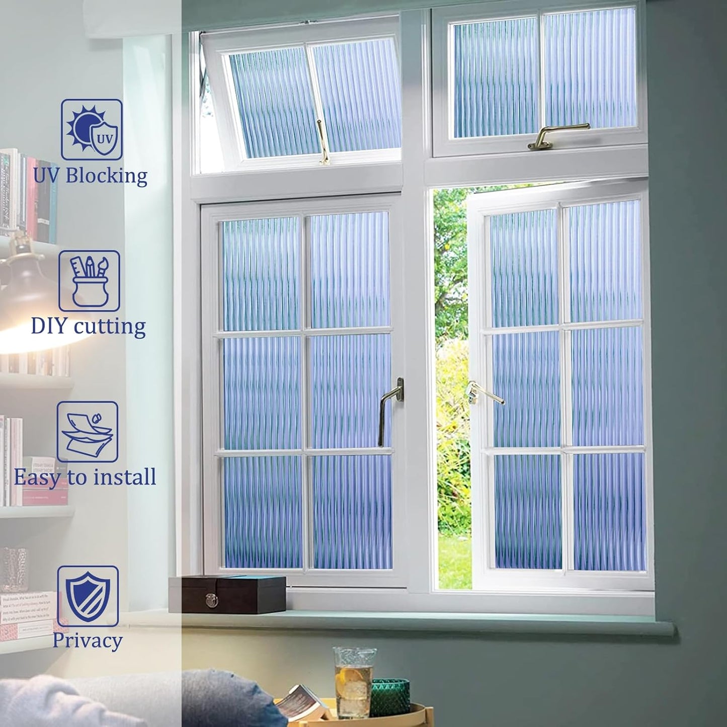 Beautyhero Window Privacy Film, Frosted Reeded Glass Cling, 3D Decorative Coverings with UV Blocking, Adhesive Stickers for Bathroom Doors Cabinet