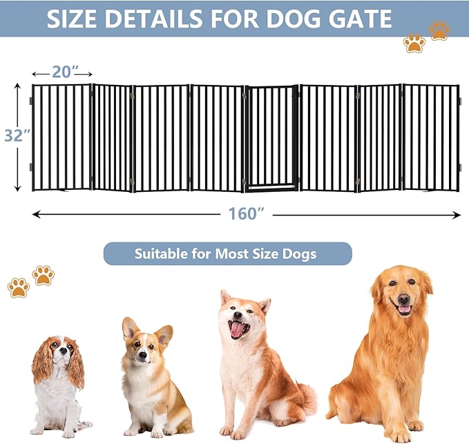 Full Metal Freestanding Dog Gates with Door, 32" Height Dog Fences for Indoor & Outdoor, Extra Wide Foldable Pet Gates for Stairs, Hallways, Doorways, Yard (8 Panels, 160" W × 32" H)