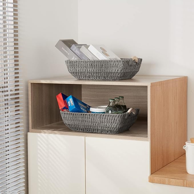 FairyHaus Wicker Baksets 2Pack 15x10x5, Recyclable & Renewable Paper Rope Wicker Storage Bakset with Solid Wood Handles, Wicker Baskets for Shelves Organizing, Grey