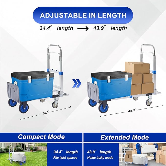 Upgraded 3 in 1 Aluminum Folding Hand Truck, 600lbs Capacity, Heavy Duty Convertible Dolly with Retractable Handle and 4 Rubber Wheels, Collapsible Cart for Moving Home, Office, Warehouse (Blue)