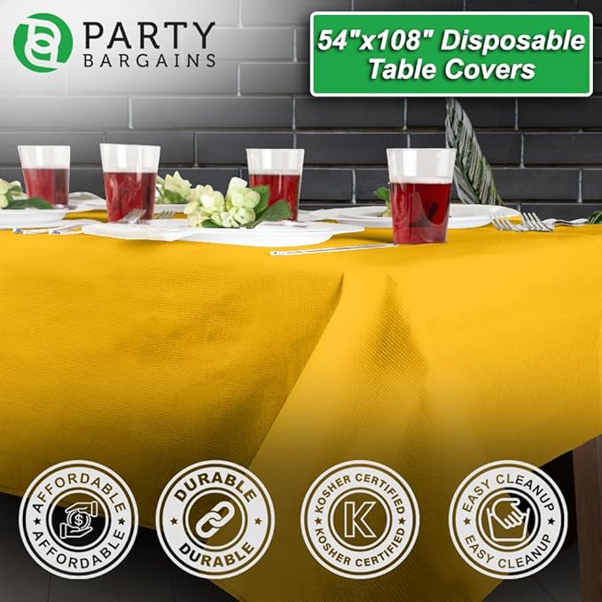 PARTY BARGAINS 5 Disposable Table Covers - 54" X 108" Yellow Table Cover, 3 Ply Paper & Plastic Tablecloth