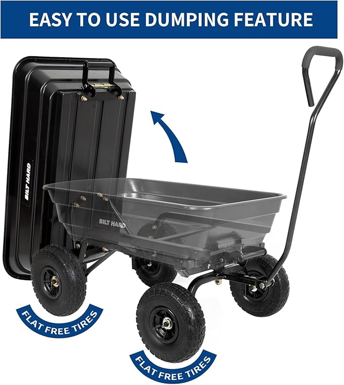 BILT HARD 4 Cu.Ft. 10" No-Flat Tires Poly Yard Dump Cart with 180° Rotating Handle, 600 lbs Capacity Heavy Duty Garden Carts and Wagons