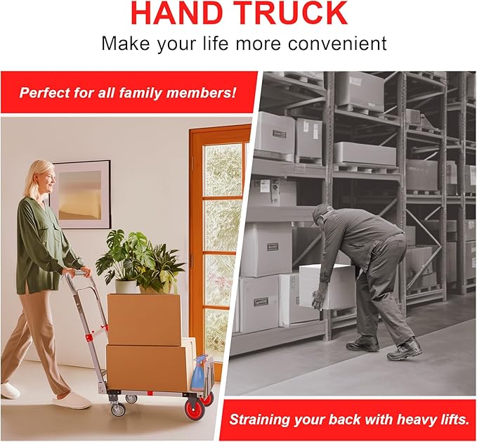 Upgraded 3 in 1 Aluminum Folding Hand Truck, 600lbs Capacity, Heavy Duty Convertible Dolly with Retractable Handle and 4 Rubber Wheels, Collapsible Cart for Moving Home, Office, Warehouse (Red)