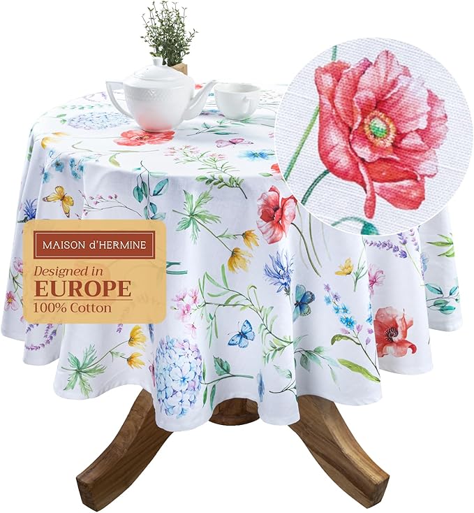 Maison d' Hermine Table Cloth Round Table 100% Cotton 69 Inches Tablecloth Reusable Decorative Everyday Use for Dining Room, Farmhouse, Home, Party, Festive & Wedding Spring Summer - Just Floral