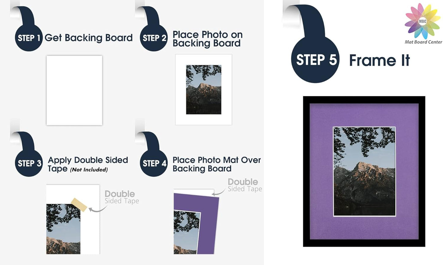 Mat Board Center, Pack of 10, 8x10 for 5x7 Purple Color Mats - Bevel Cut, Acid Free, 4-ply Thickness, White Core - for Pictures, Photos, Framing