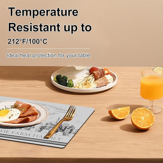 Farm Placemats Set of 4 - Farmhouse Heat Resistant Placemats for Dinner Table, Non-Slip Waterproof Oil-Proof Washable Reusable Placemat for Indoor Outdoor Kitchen Decor, 15.75In*11.81In