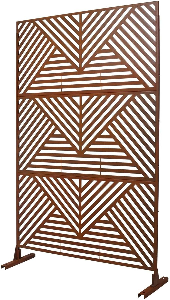 Outdoor Privacy Screen with Geometric Design – Metal Decorative Panel, Freestanding Partition, Weather-Resistant, 76"x48" for Garden, Patio, Balcony, and Yard, Rust Red