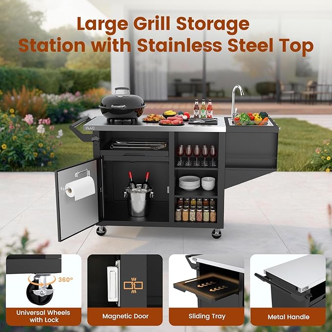 NUUK Grill Cart with Sink and Storage Cabinet Outdoor Kitchen Island Prep Table Cooking Station with Stainless Steel Top and Movable Universal Wheels for Outside BBQ Backyard Include Metal Hooks