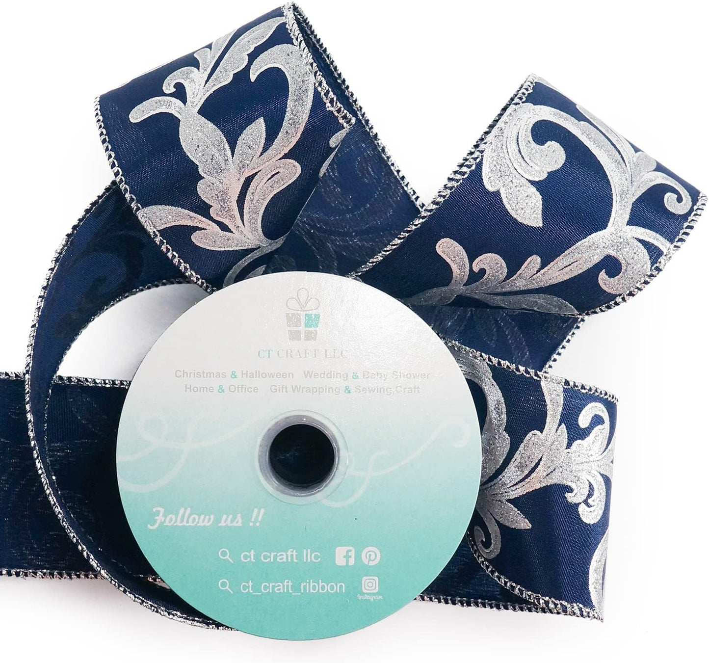 CT CRAFT LLC Royal Satin Silver Swirl Wired Ribbon 2.5 Inch x 10 Yards for Christmas Home Decor Tree Topper Bow Gift Wrapping DIY Crafts Wreath Garland