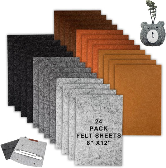 24 Pcs Felt Sheets for Crafts Felt Fabric Sheets, 8 Inch X 12 Inch Soft Brown Gray Craft Felt 1mm Thick A4 Stiff Felt Sheets for Patchwork (Brown Series)