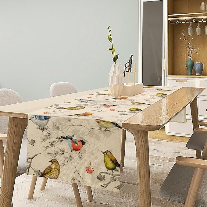 Vintage Bird Table Runner,Watercolor Winter Perching Birds Table Decoration for Kitchen Dining Table Holiday Indoor Outdoor Home Party Decor 13x108in