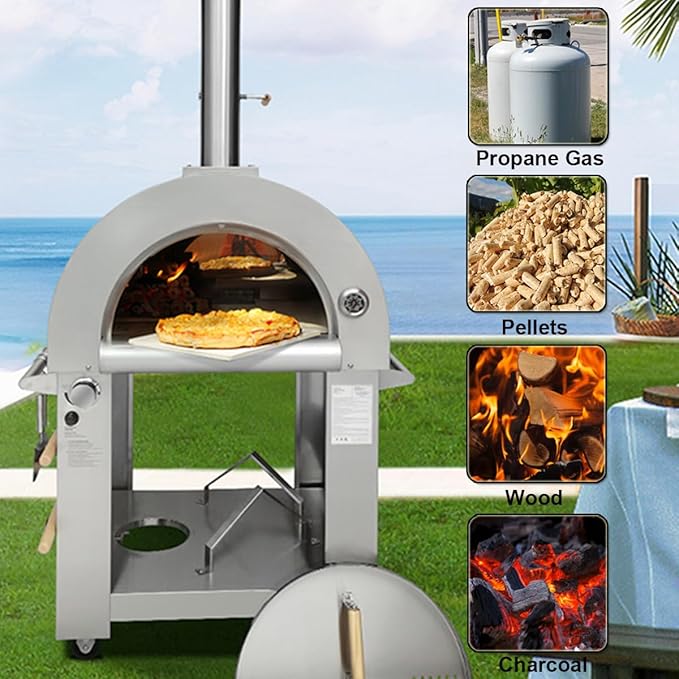 32.5" Wood Fired & Propane Gas Pizza Oven with Waterproof Cover, Large Outdoor Oven with Open Shelf and Wheels for BBQ, Grilling, Stainless Steel Pizza Oven for Outdoor, Backyard and Party (Blue)