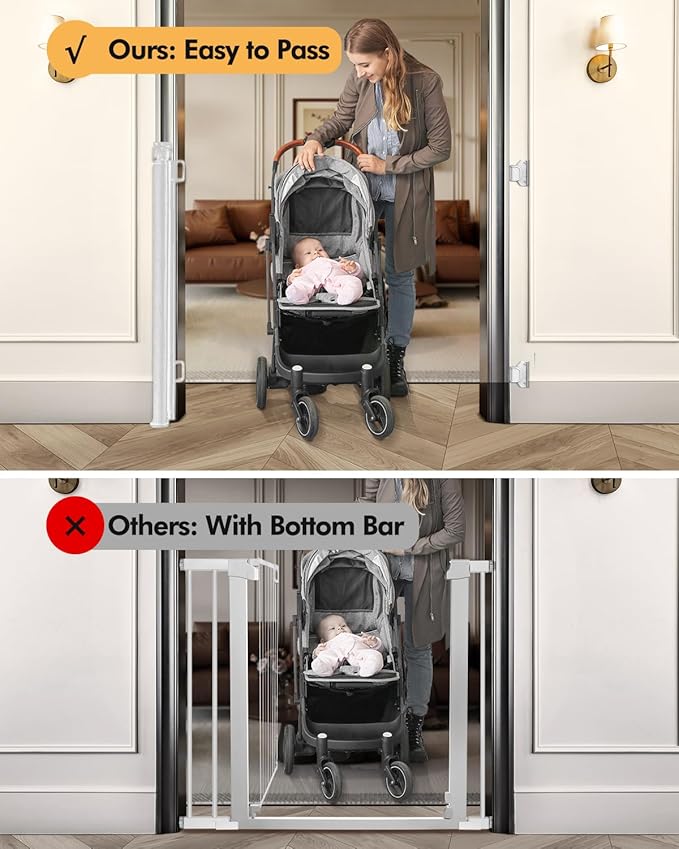 (2 Pack) Retractable Baby Gate for Stairs & Doorways,55" Wide x 33.6" Tall Easy Installation Mesh Dog Gate for Indoor & Outdoor Use,Pet and Dog Safety Gate for Hallways(White)