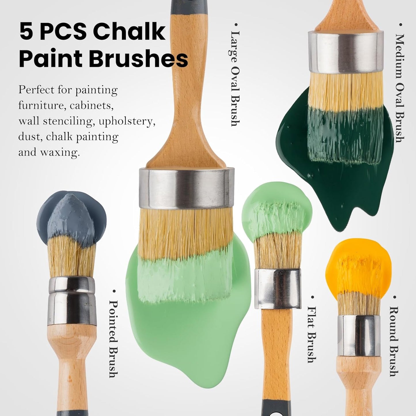 Chalk Paint Brush, Wax Paint Brush Set of 5, Wax Brushes and Chalk Paint for Furniture DIY Art Crafts, Natural Bristle Round Oval Brush for All Painting and Waxing