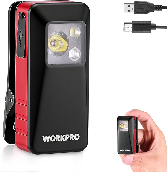 WORKPRO EDC Flashlight Clip-on Light, 500 Lumens Rechargeable Flashlight with Type-C, Magnetic Pocket Light for Working, Cycling, Signaling, Running, Camping, Red