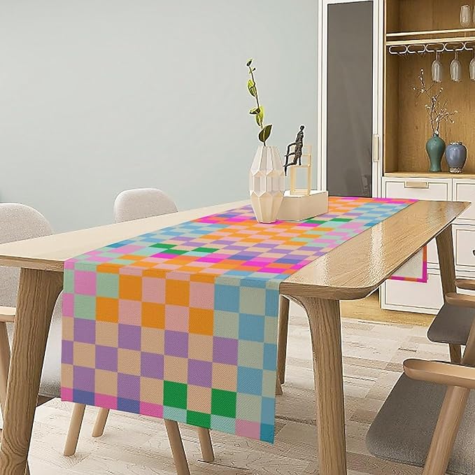 Retro Checkered Table Runner, Bright Rainbow Colorful Modern Groovy Aesthetic Table Runner for Dining Kitchen Party Home Wedding Banquet 13x108in
