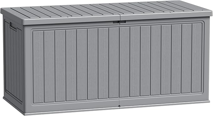 Flamaker Resin Deck Box 270 Gallon, Waterproof Imitation-Wood Lockable Storage Box with Separator Plate Outdoor Indoor, Garden, Patio Furniture for Tools&Pool Accessories (Gray)
