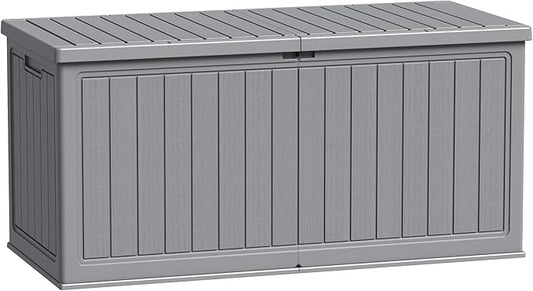 Flamaker Resin Deck Box 270 Gallon, Waterproof Imitation-Wood Lockable Storage Box with Separator Plate Outdoor Indoor, Garden, Patio Furniture for Tools&Pool Accessories (Gray)