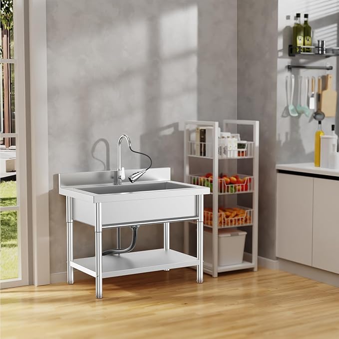40Inch Stainless Steel Utility Sink,Free Standing Single Bowl Kitchen Sink with Left Right, Cold and Hot Water Pipe, Indoor and Outdoor for Laundry Room Farmhouse Kitchen