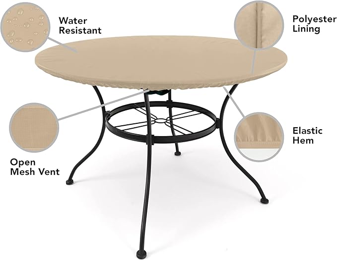 Covermates Classic Round Table Top Cover – All-Weather Outdoor Table Protection, Water-Resistant Vinyl, Elastic Hem, Mesh Vents, Patio Furniture Cover, Round 42-48 DIAMETER, Classic Tan