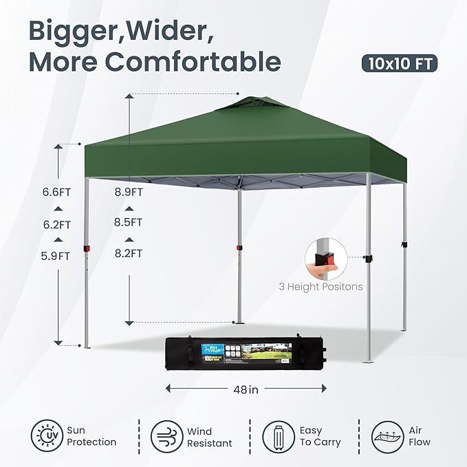 PHI VILLA 10x10 Pop Up Canopy Tent Easy Outdoor Sun Shade for Events Party Tent, 100 Sq. Ft of Shade, Green