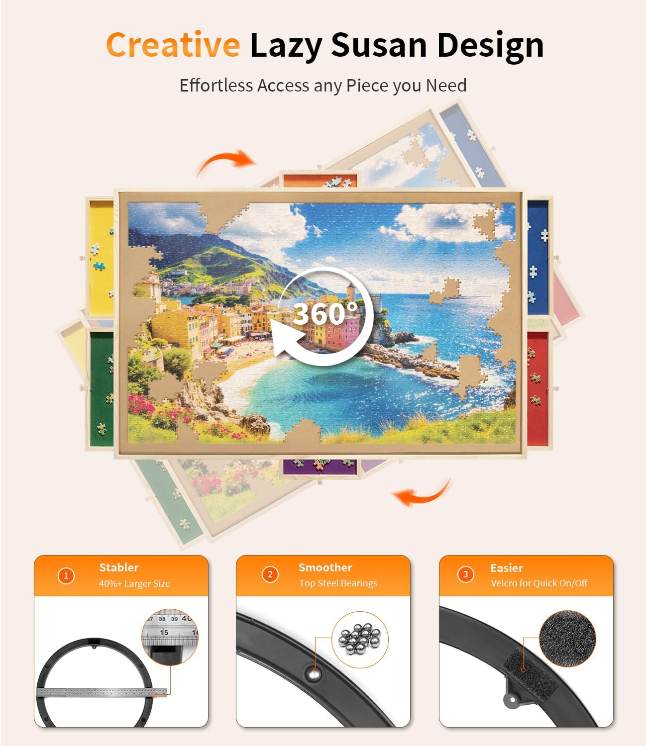 1000 Piece Rotating Puzzle Board Pro, 29" x 21" with 6 Drawers, Rubber Cover Mat, 360° Lasy Susan, Sort-Wise Colorful Felt Drawers & 4 Trays, Wooden Jigsaw Puzzle Table, Birthday Gifts for Mom