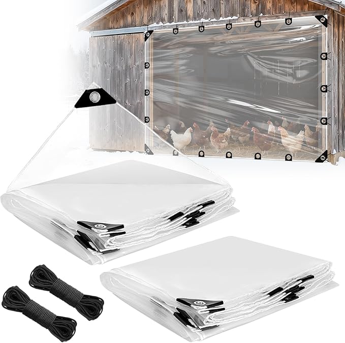 6.6x10ft Anti-Tear Clear Tarp Waterproof for Patio Winterizing - 2pcs Windproof Poly Tarpaulin, Heavy Duty Transparent Enclosure with Grommets for Covering Chicken Coops Greenhouse Garden Plants