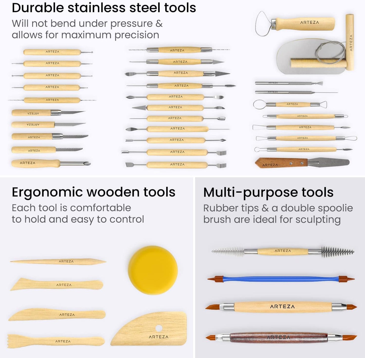 Arteza Pottery & Polymer Clay Tools, 42-Piece Sculpting Set, Steel Tip Tools with Wooden Handles, for Pottery Modeling, Smoothing, Carving & Ceramics