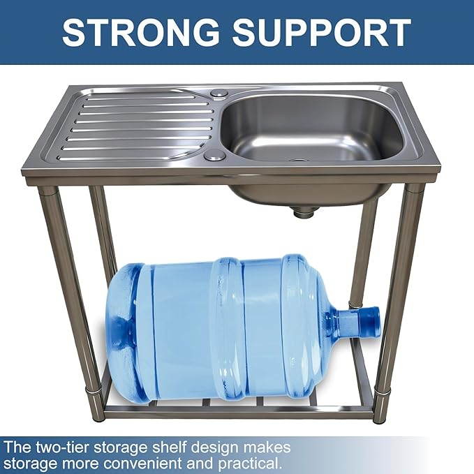 Outdoor Sink with Hose Hook Up, Free Standing Stainless Steel Utility Sink, Single Bowl Portable Sink Hand Wash Station for Camping, Backyard, Garden, Kitchen, Garage