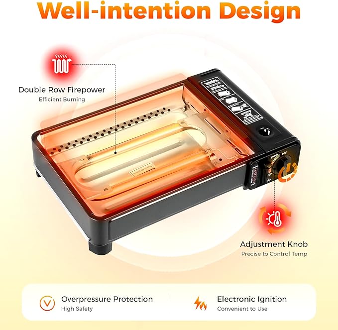 Portable Gas Grill Butane Stove, Tabletop BBQ Grill with Grilling Net and Baking Sheet for Camping Traveling Outdoor Cooking