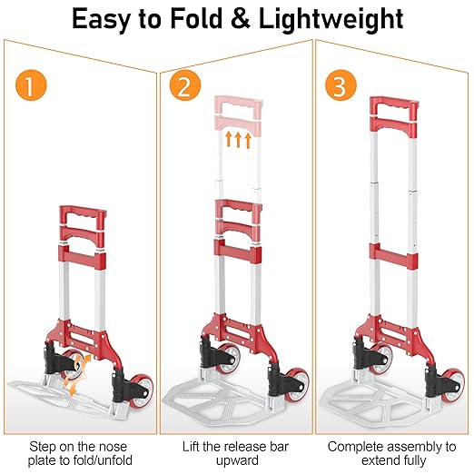 Folding Hand Truck - Aluminum Portable Dolly Cart with Telescopic Handle, Bungee Cord - Compact Lightweight Foldable Luggage Cart for Moving, Home, Auto, 180lbs, Red