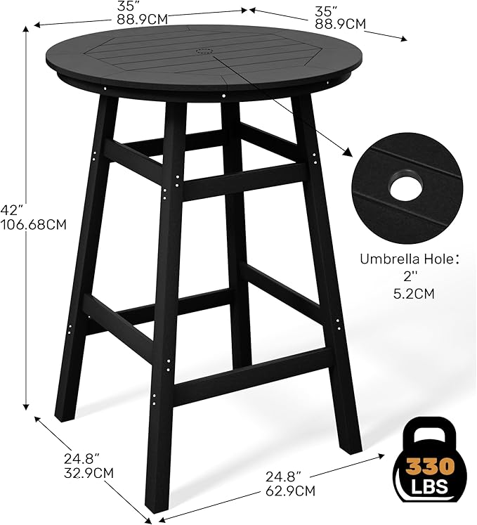 Costaelm Patio Bistro Table, 42" Counter Height Round Patio Cocktail Bar Table with Umbrella Hole, Outdoor Bistro Dining Pub Table for Front Porch Deck Backyard Garden, Black