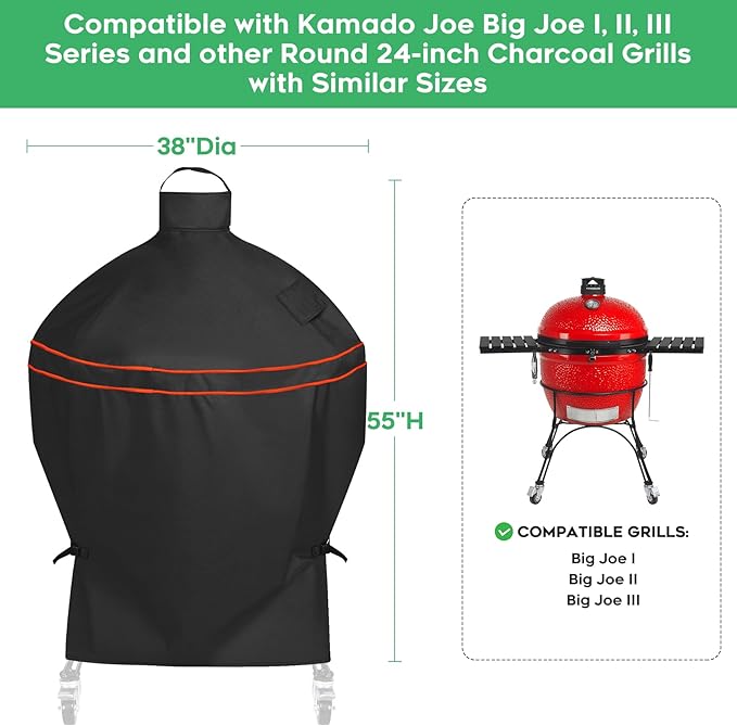 Heavy-Duty 600D Grill Cover fit for Kamado Joe 24-inch Big Joe Series I II III and Other Round 24-inch Charcoal Grill with Similar Sizes, 38" Dia x 55" H