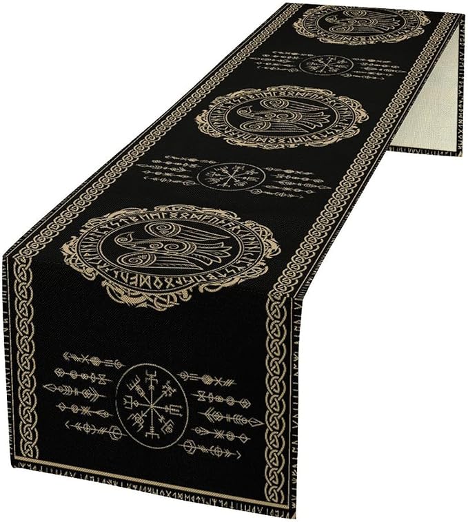 Nordic Vikings Table Runner, Viking Raven Rune Mythology Aesthetic Table Runner for Outdoor Kitchen Dining Home Party 13x108in