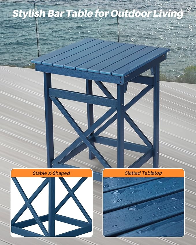 HDPE Outdoor Bar Table, 41" Adirondack Outdoor Bar Height Table, All Weather HDPE High Top Pub Table, Square HDPE Patio Bar Tables for Balcony, Deck, Backyard, Poolside, Navy