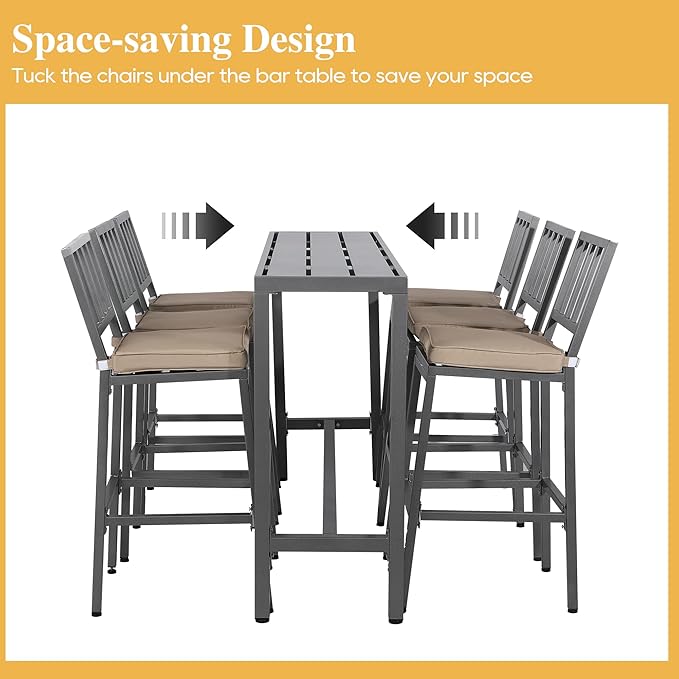 Outdoor Patio Bar Set, Bar Height Patio Dining Set, Weather-Resistant Bistro Counter Pub Set with Cushions & Slatted Tabletop for Backyard (Gray, 63" Table, 6 "I Style Stool)