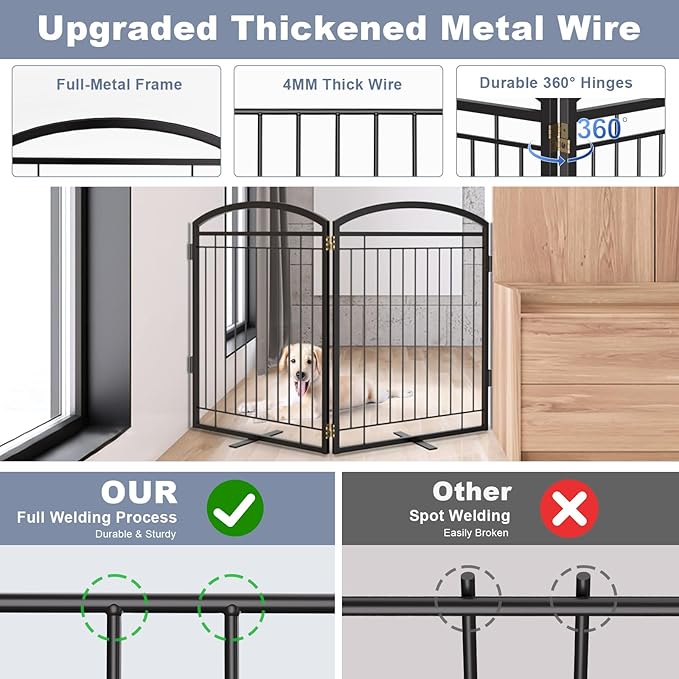 Full Metal Free Standing Dog Gate with Door for Indoor Outdoor, 48'' Extra Wide 32'' Tall Dog Gate for Doorways,Large Openings,Decks,Pet Puppy Freestanding Safety Fence(2 Panels,Black)