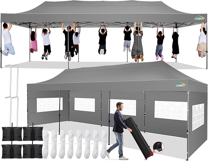 COBIZI 10x30 Pop up Canopy Tent 10x30 Canopy with 8 Sidewalls Waterproof Heavy Duty Commercial Canopy Tent for Parties Outdoor Garden Gazebo, Carry Bag with Wheel(10x30ft, Gray)