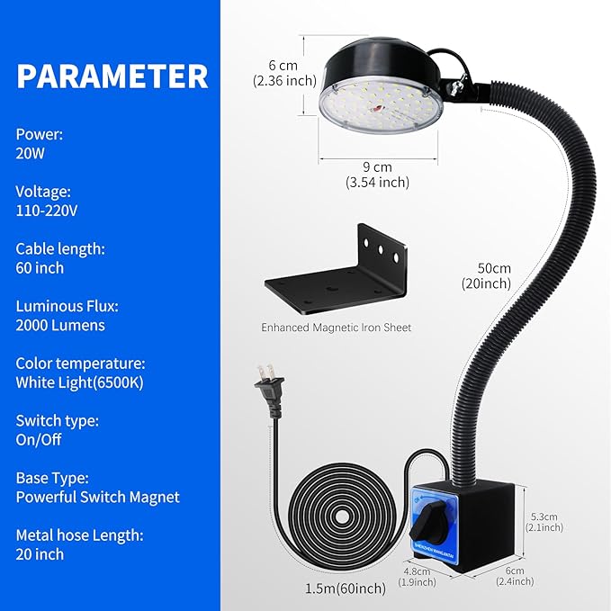Magnetic Work Light, LED Machine Light, Work Light with Flexible & Magnetic Base, Shop Tool Lamp for Lathe, Work Bench, Sewing Machine, Bandsaw, Industrial Lighting, 2000 Lumens, Black
