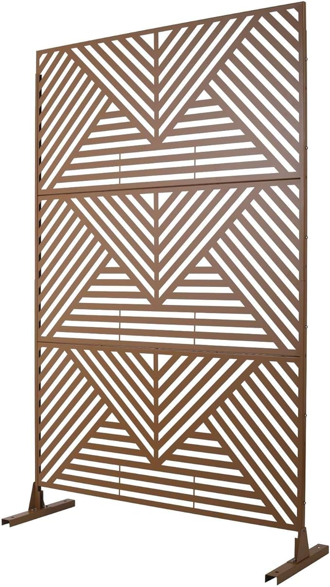 Outdoor Privacy Screen with Geometric Design – Metal Decorative Panel, Freestanding Partition, Weather-Resistant, 76"x48" for Garden, Patio, Balcony, and Yard, Brown